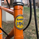A close up of the yellow badge on the front of the bike.